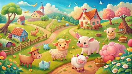 Fototapeta premium Adorable Pink Farm Animals: Charming Aerial Illustrations for Prints & Cards