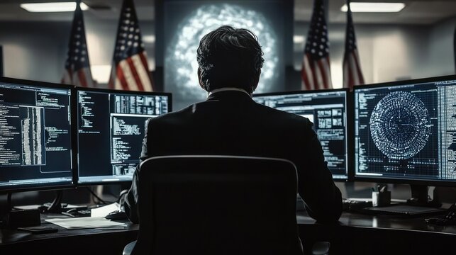 Man in suit working at a dark surveillance or cybersecurity workstation with multiple monitors displaying code and data, American flags in background, focused intense atmosphere