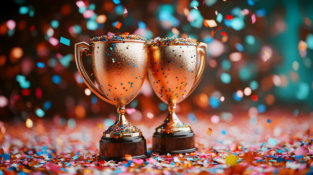 Golden trophy awards amidst confetti symbolizing victory and achievement