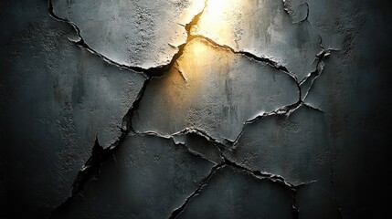 dark cracked concrete wall illuminated by a soft warm light revealing textured damage and rough edges