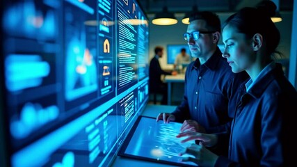 Two professionals analyzing data on digital screens in a modern office environment with colleagues working - Powered by Adobe