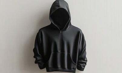 Black hooded sweatshirt with front zipper and pocket displayed against a plain light background evoking a mysterious and minimalist vibe