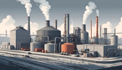 Industrial Plant with Chimneys Emitting Smoke Under Cloudy Sky