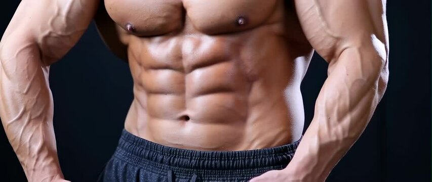 Anamorphic video Zoom in shot close up of sixpack man 