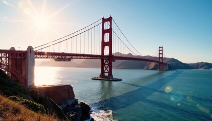 Fototapeta premium Iconic Golden Gate Bridge spanning the water, bathed in sunlight , bridge architecture, cityscape, perspective
