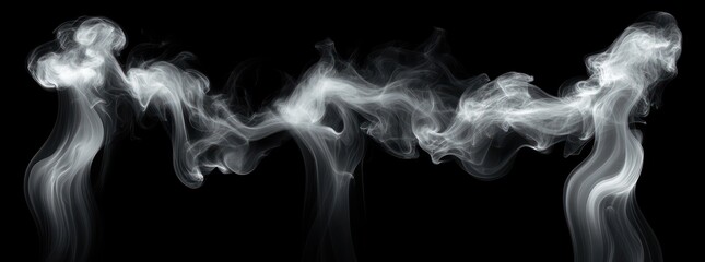 Flowing white smoke wisps twisting and curling on a black background creating graceful and ethereal abstract shapes