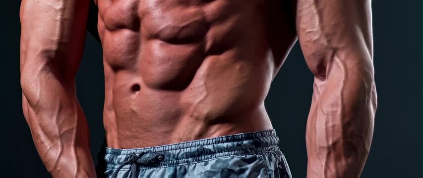 Anamorphic video Zoom in shot close up of sixpack man 