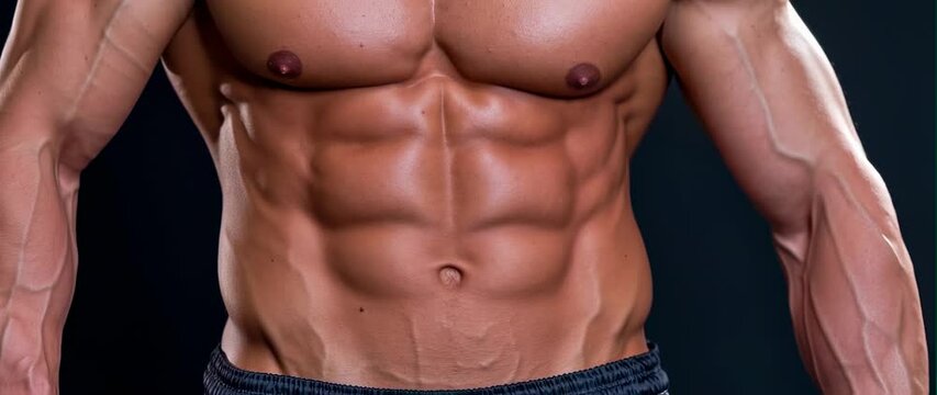 Anamorphic video Zoom in shot close up of sixpack man 