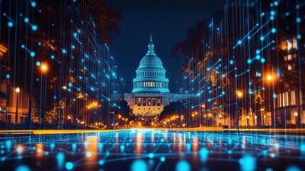 Night view of a prominent government building illuminated with warm streetlights and futuristic digital blue light patterns creating a glowing pathway effect