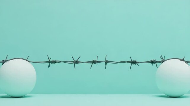 Minimalist image of two spheres separated by barbed wire on a turquoise background, symbolizing division.