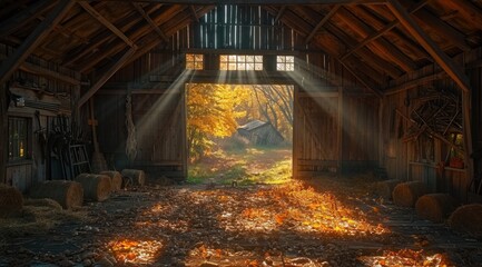 Wooden barn, vintage style: old beam, rustic interior, farm atmosphere, straw bale, antique tool, countryside setting, historic structure, traditional decor, retro detail, aged wood