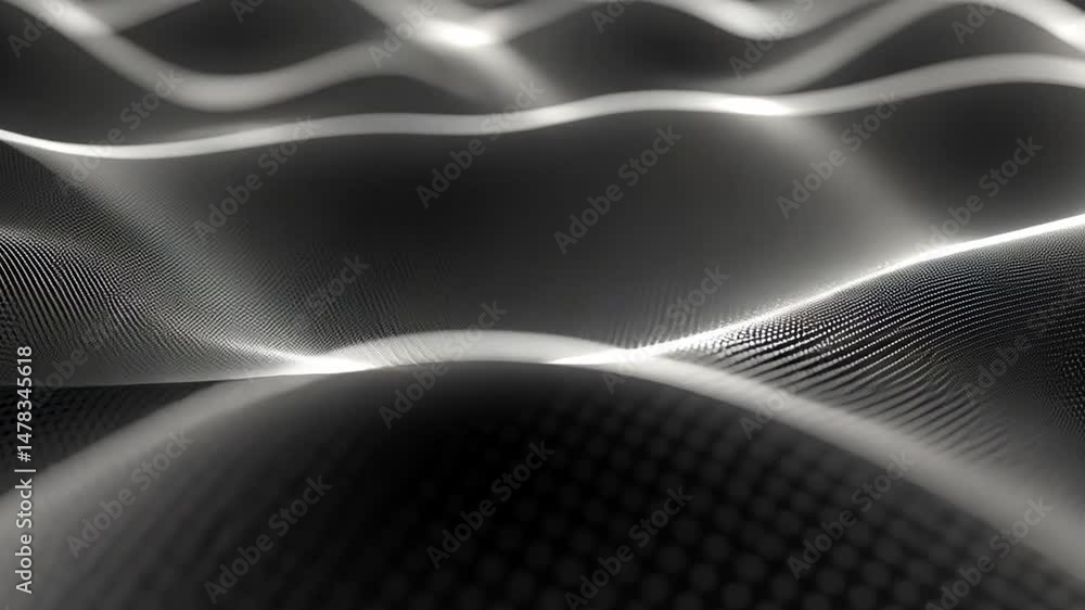 Poster mesmerizing abstract pattern of waves and dots monochrome design showcasing depth, movement, light, 