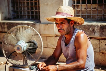 Farmer inspecting grape vines in a sunny vineyard.