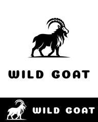 Stylized logo design of a wild goat with large curved horns, symbolizing strength, wilderness, and resilience in black and white 