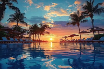 Obraz premium Tranquil tropical sunset over an infinity pool lined with palm trees, sun loungers, and umbrellas, reflecting vibrant clouds and warm colors on calm water