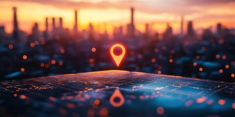 Glowing location pin hovering above a futuristic digital city map with blurred industrial skyline and warm sunset background