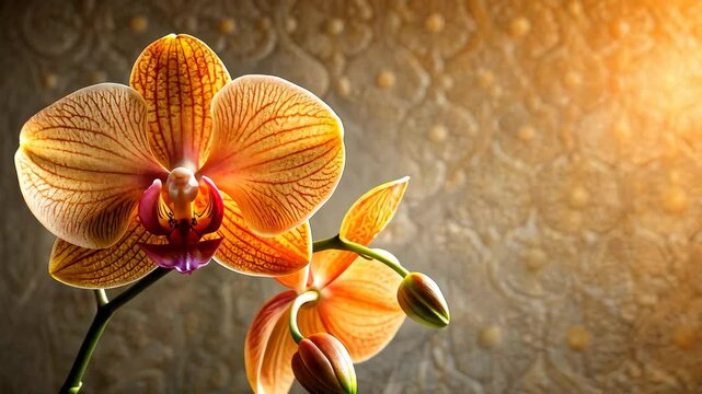 Close-up of delicate orchid blossoms with intricate veins and vibrant hues, bathed in warm, inviting light