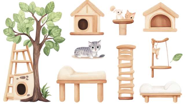 Collection Set of Pastel Scratch Post Climbing Trees Isolated on Transparent Background