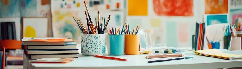 Naklejka premium Colorful art supplies arranged on a white table.