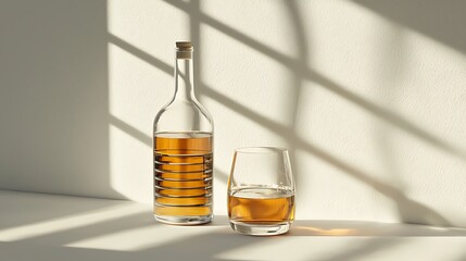 A clear glass bottle with brown liquid and a glass with brown liquid on a white surface with shadows