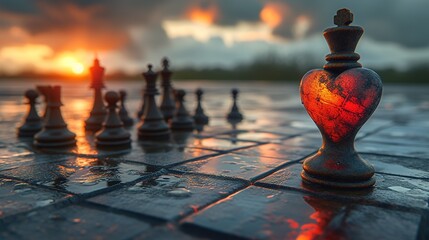 Obraz premium Surreal Chess Game Artwork with Melting Heart and Dramatic Sky Scene
