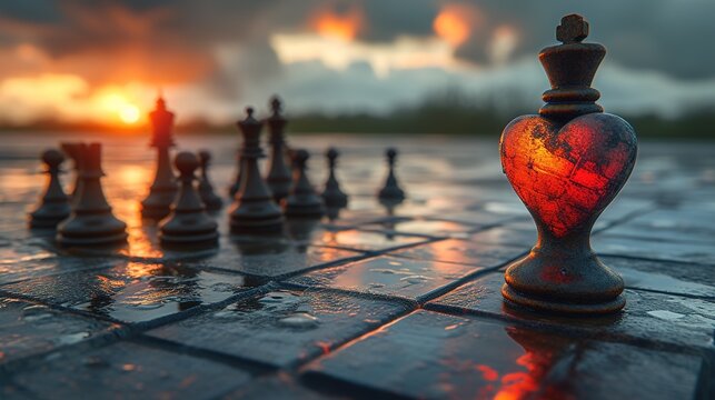Surreal Chess Game Artwork with Melting Heart and Dramatic Sky Scene