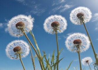 Fluffy dandelion heads, vast blue sky overhead, spring, plants, serene