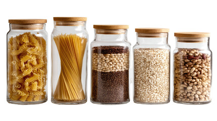 Glass jar set with dry foods like pasta and beans on transparent background