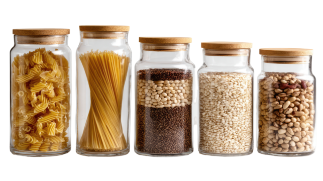 Glass jar set with dry foods like pasta and beans on transparent background