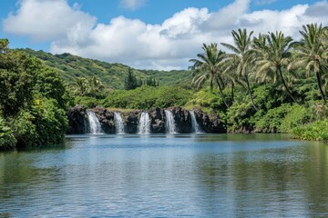 Serene waterfall cascading into a tranquil pool, surrounded by lush tropical foliage and palm trees