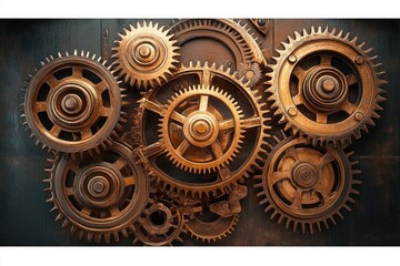 Close-up of interconnected rusty metal gears and cogs on a dark background representing mechanical movement and industrial design
