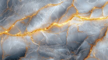 Smooth marble surface with natural gray and white patterns highlighted by glowing gold vein cracks creating an elegant textured appearance