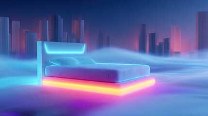 A futuristic bedroom scene showcases the smart mattress illuminated by soft ambient lights as the AGI system analyzes sleep patterns and prepares to activate soothing vibrations minimizing
