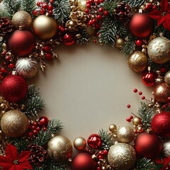 Festive Christmas wreath frame with red and gold baubles, pine cones, green pine branches, and red berries surrounding an empty center space