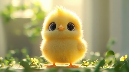 adorable fluffy yellow chick with large eyes standing among small flowers in soft natural light