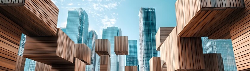 Obraz premium Modern wooden structures contrast with city buildings.