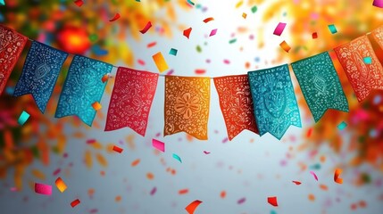 Colorful festive papel picado banners hanging with scattered confetti floating in bright and lively celebration atmosphere