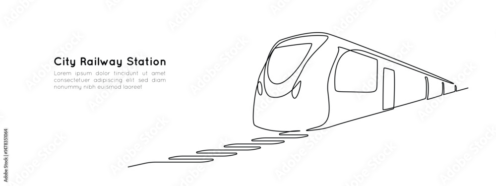 Poster train and railway station in one continuous line drawing. metro and subway symbol in simple linear s