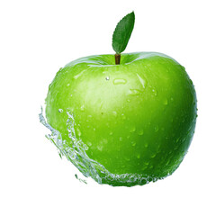 Green apple splashing in fresh water on transparent background