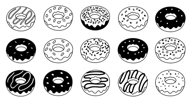 Donut Icons Set: A collection of 15 meticulously crafted donut icons, each showcasing a unique frosting and sprinkle design, ideal for branding, website, and app design.