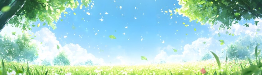 Naklejka premium A picturesque springtime meadow scene under a clear sky.