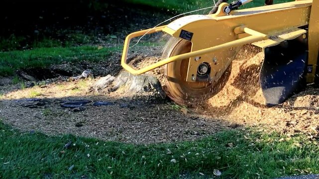 Tree Stump Grinding Machine in Action, Wood Chipper, Landscape Maintenance