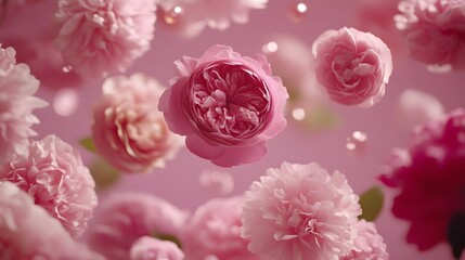 Obraz premium Floating Pink Roses and Flowers Blossom Background