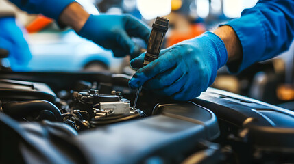 Automobile Mechanic Fine Tuning Engine Components During Car Maintenance