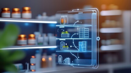 Smart inventory management system modern pharmacy digital display organized environment close-up view efficiency concept