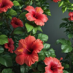 Obraz premium Vibrant hibiscus blooms, lush green tropical foliage , blooms, macro