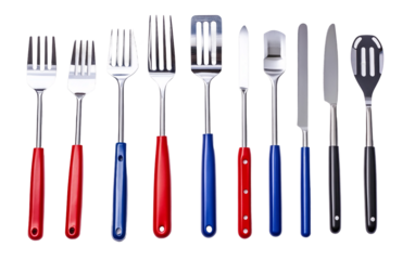 Grill tools with red, white, and blue handles arranged neatly, perfect for a patriotic barbecue or outdoor cookout isolated on white background PNG