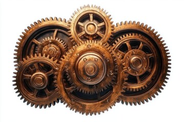 Set of interconnected rusty metallic gears and cogwheels against a white background symbolizing machinery and mechanical motion