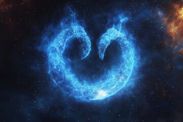 Glowing blue nebula forming a crescent or circular shape with swirling cosmic energy in a dark star-filled outer space background
