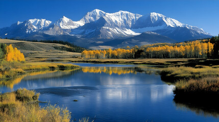 Fototapeta premium Reflections of autumn splendor on the tranquil waters with mountainous backdrop